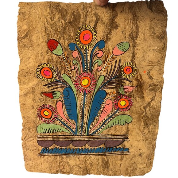 Vintage Mexican Amate Bark Painting – Floral Hand-Painted FOLK ART w/ Burlap Mat - Picture 4 of 16